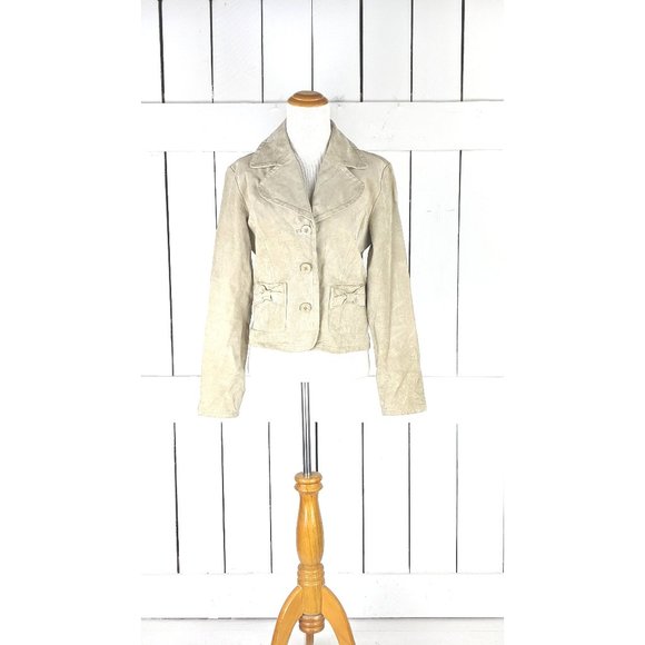 Vintage 90s beige suede leather fitted short blazer jacket - Picture 2 of 6